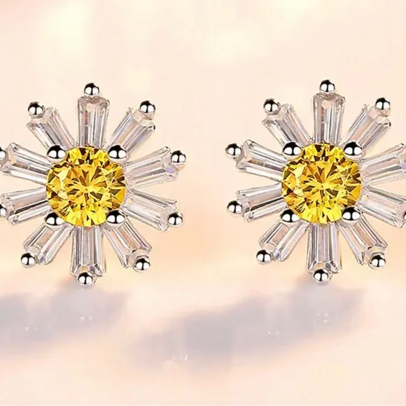 Yellow and White Round Crystal Sunflower 925 Sterling Overlay Earrings - Picture 2 of 7